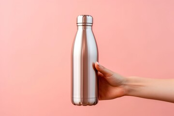 Hand holding a reusable steel stainless eco thermo water bottle, rose background