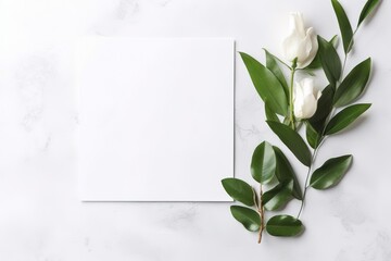 Wedding blank greeting card mockup, flowers, green eucalyptus leaves, white background. Empty space