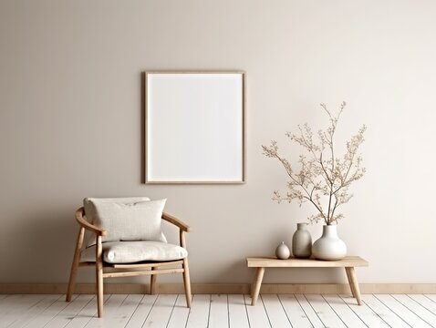 Decorative boho interior. Scandinavian room decor concept. Blank picture frame mockup. Empty wall background.