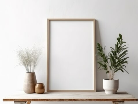 Still life interior. Blank picture, wooden frame mockup, monstera leaves, wooden table. Minimal decor concept. Empty wall background.