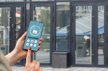 Woman unlocking smartphone application on the screen, closeup. Space for text