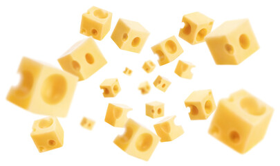 Flying delicious cheese cubes cut out