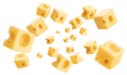 Flying delicious cheese cubes cut out