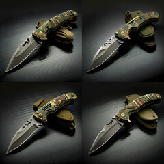 Image generated neural network folding knives beautiful military rare design cutting edge colored handle macro background
