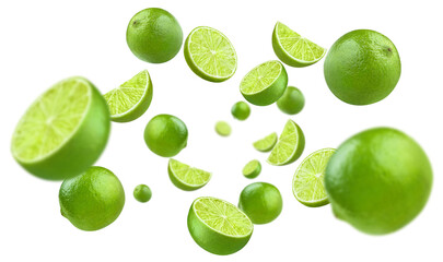 Flying delicious lime fruits, cut out