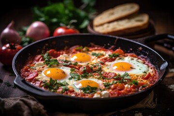 Delicious Shakshuka from Israel with fresh tomatoes, eggs in a pan with fresh herbs (Generative AI, Generativ, KI)

