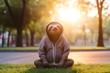 Sloth like a man meditating in park at sunrise. Sits in lotus pose. Generative AI - 603955552