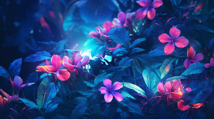 Lush Botanical Flowers and Leaves with Muted Blue Luminescent and Glowing Color Tone - Tropical Neon - Generative AI