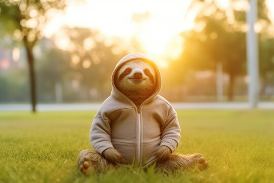 Sloth like a man meditating in park on grass at sunrise. Sits in lotus pose. Generative AI