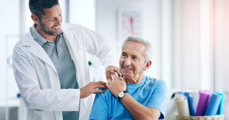 Senior man, shoulder and physiotherapy doctor with check, inspection and care for injury in...