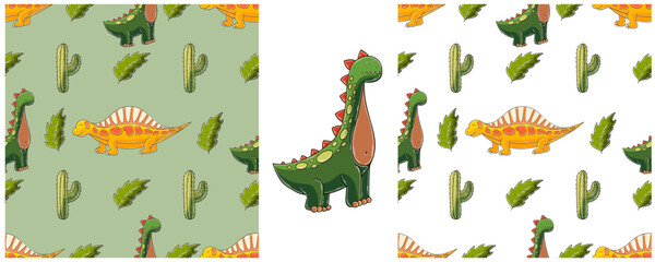 Dinosaurs of the Jurassic period. Hand drawn Set dinosaurs seamless pattern © bubushonok