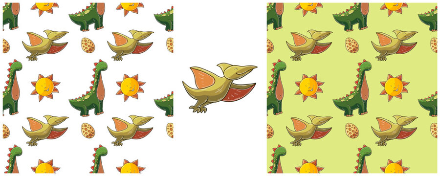Dinosaurs of the Jurassic period. Hand drawn Set dinosaurs seamless pattern