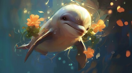 Cute dolphin illustration colorful smiling wild animal background generative ai
