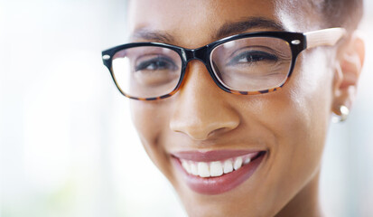 Happy woman, face with glasses and vision with eye care, prescription lens and frame, optometry and health. Eyesight, eyewear and female person in spectacles with smile, ophthalmology and portrait