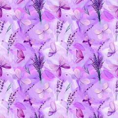 Lavender flowers and butterflies, seamless pattern for wallpaper, textile, design. Abstract oil painting background