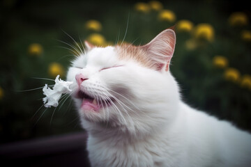 Cat sneezing after smelling flowers. Allergy metaphor with funny kitten. Generated AI. - obrazy, fototapety, plakaty