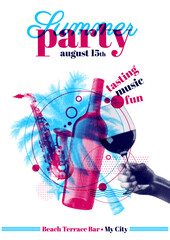 idea for festive summer event with drinks and music. Vector illustration with halftone effect. Poster template.