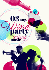 idea for festive summer event with drinks and music. Vector illustration with halftone effect. Poster template.