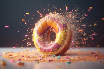 Donut expressive shot with topping and sugar powder splash. Tasty donut food styling image. Generative AI.