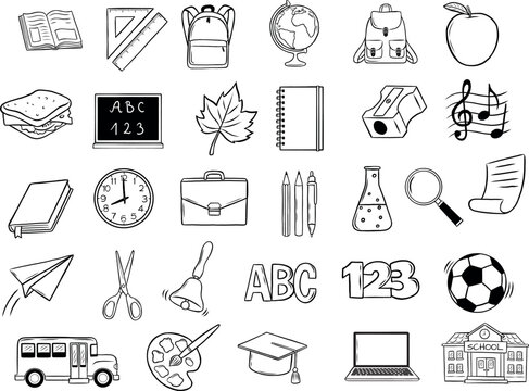 School and education icons set, back to school hand drawn icons, doodle icons