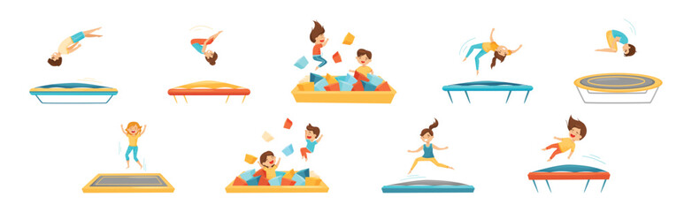 Happy Kids Jumping on Trampoline Bouncing and Having Fun Vector Set