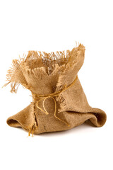 Fototapeta premium Old burlap fabric napkin, sackcloth piece isolated on white background.