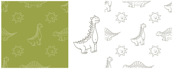 Dinosaurs of the Jurassic period. Coloring Set dinosaurs seamless pattern