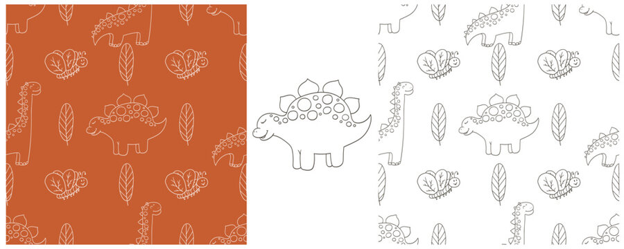 Dinosaurs of the Jurassic period. Coloring Set dinosaurs seamless pattern