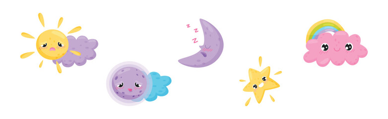 Cartoon Sun, Moon and Cloud with Different Facial Expression Vector Set