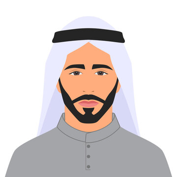 Portrait of a Arab man with a beard, oriental businessman, flat illustration, cartoon style, isolated on white background