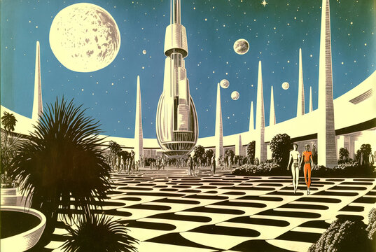 Retrofuturistic landscape in 80s sci-fi style. Retro science fiction scene with futuristic buildings. Generated AI.