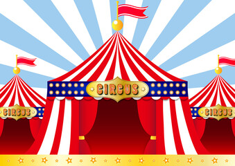 赤いサーカスのテントとパステルブルーの集中線がにぎやかな背景イラスト