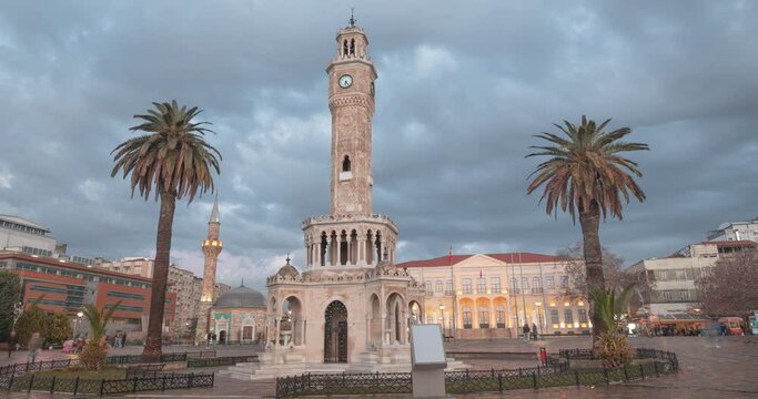 Timelapse of Izmir Clock Tower proudly showcases intricate Ottoman architecture, adorned with delicate turkish patterns and motifs.
