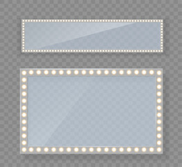 Makeup mirror isolated with lights. Vector square and round frames. Vector template.