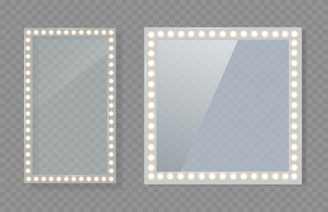 Makeup mirror isolated with lights. Vector square and round frames. Vector template.