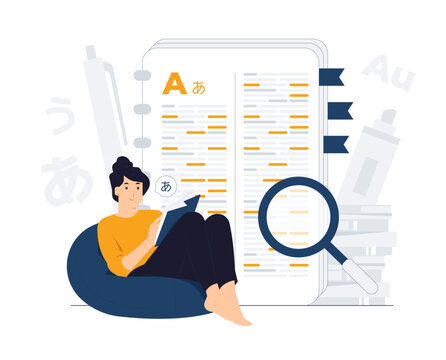 Dictionary, translator, learning Japanese, Glossary, translation book, literature reading, study. Language knowledge encyclopedia and academic vocabulary with bookmark concept illustration