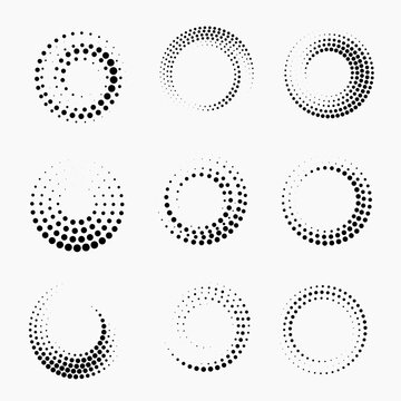 Set of black thick halftone dotted speed lines. Speed lines in circle form. Geometric art. Design element for frame, logo, tattoo, web pages, prints, posters, template, abstract vector background.