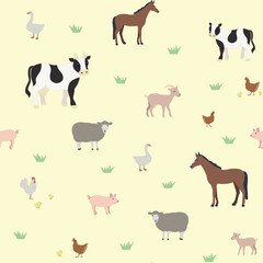 Farm animals pattern, cow, pig, horse, sheep. goat, chicken, goose, poultry, cartoon style set with animals. Vector background for kids