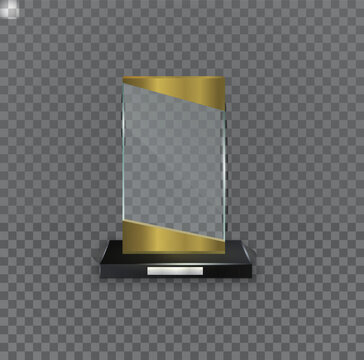 Achievement and success. Set of glass trophy award. Crystal prize with blank golden plank 3D. Competition winner reward. Realistic glass trophy award, clear diamond winner prizes. Vector illustration