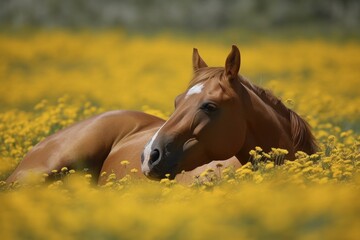 Naklejka na ściany i meble Young horse lying in grass and flowers Generative AI