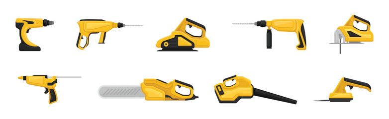 Yellow Power Tool for Construction Work Vector Set