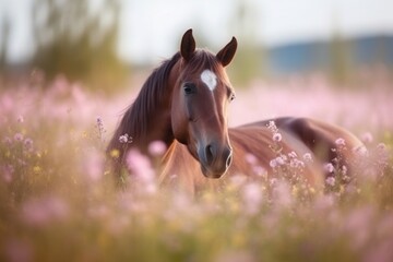 Young horse lying in grass and flowers Generative AI