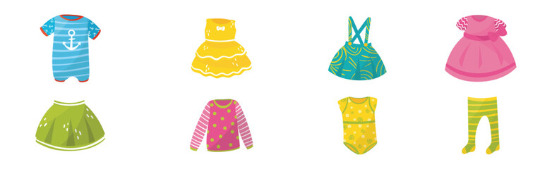 Baby Clothes with Dress, Sweater, Socks, Body and Tights Vector Set