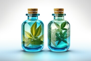 Medicinal oil in bottles glass with hemp leaves on a color background. Generative AI