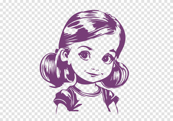 Vector cute cartoon little beautiful young girl child. Graphic sticker on an isolated background. Smiling baby