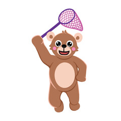 Little bear holding net to catch bugs. Cute bear character vector cartoon illustration.