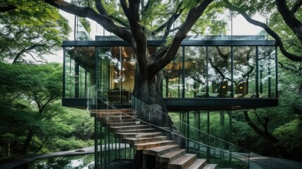 In a big tree, a beautiful glass treehouse sits. Its natural design is an amazing sight, surrounded by the green wonders of nature. Generative AI