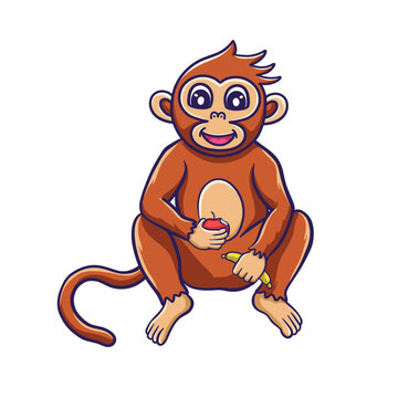 Cute Monkey Holding Banana and apple. Little Monkey eating apple Vector Illustration. Animal Icon Concept Isolated  Vector. Cartoon Style