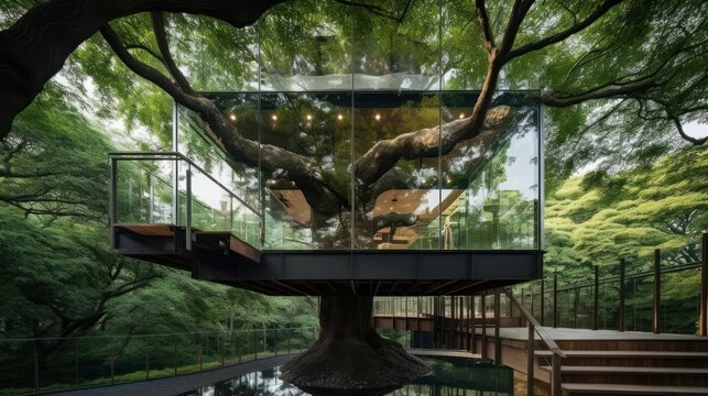 In a big tree, a beautiful glass treehouse sits. Its natural design is an amazing sight, surrounded by the green wonders of nature. Generative AI