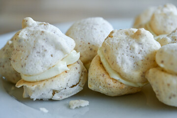 Closeup of homemade white macaron biscuits